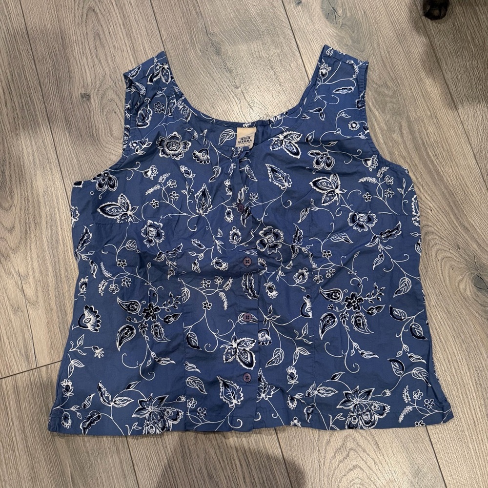 High Sierra Blue Floral Button-Front Tank Top 100% cotton, Size Large